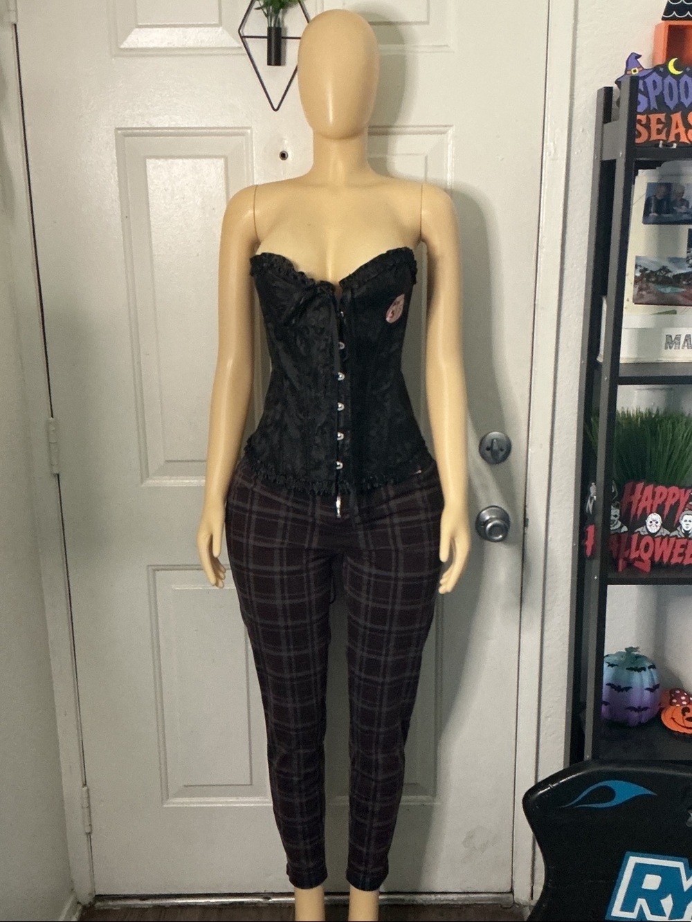 Guess Plaid Ankle Pants in Dark Plum and Black and black corset